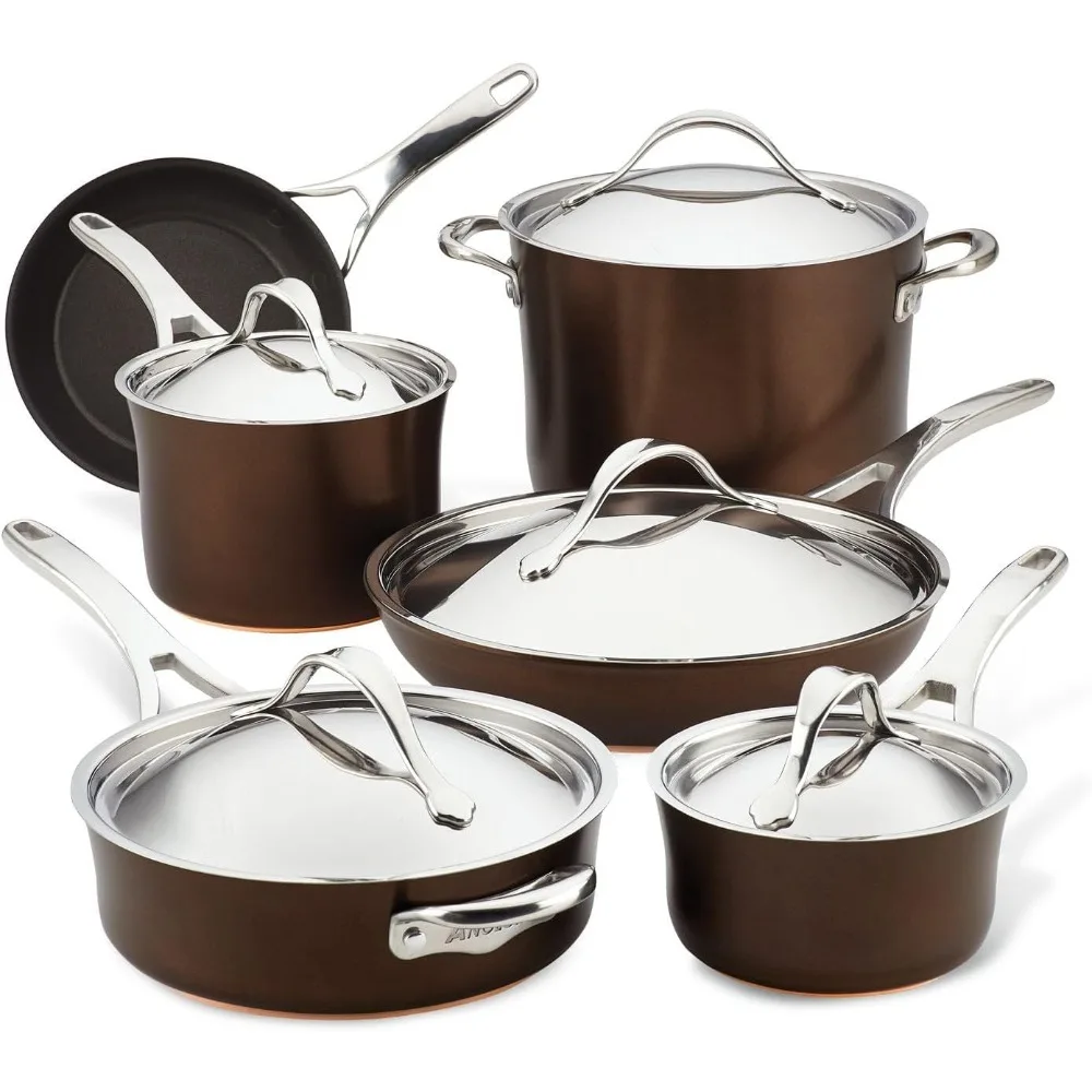 11 Piece  Cookware Set ,Nouvelle Copper Hard Anodized Nonstick Pots and Pans, Sable,includes Saucepan with Lid Etc,Cookware Set