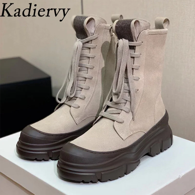 

Classics Motorcycle Boots Women Round Toe Lace Up String Bead Short Boots Thick Sole Shoes Women Cow Suede Knight Boots Woman