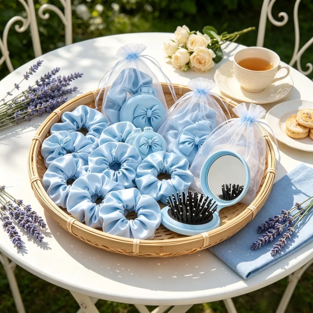 5‑10 Sets Blue Bow Foldable Air Cushion Hair Brush Mirror Satin Scrunchies Set with Organza Bag Wedding Birthday Party Gifts