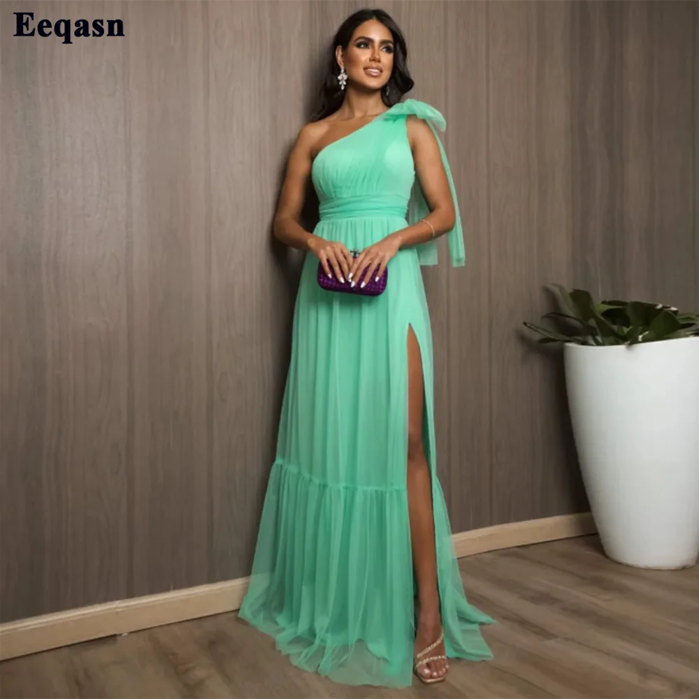 

Eeqasn Simple Tulle Formal Prom Gowns One Shoulder Pleats Evening Dresses Floor Length Women Pageant Party Bridesmaid Dress
