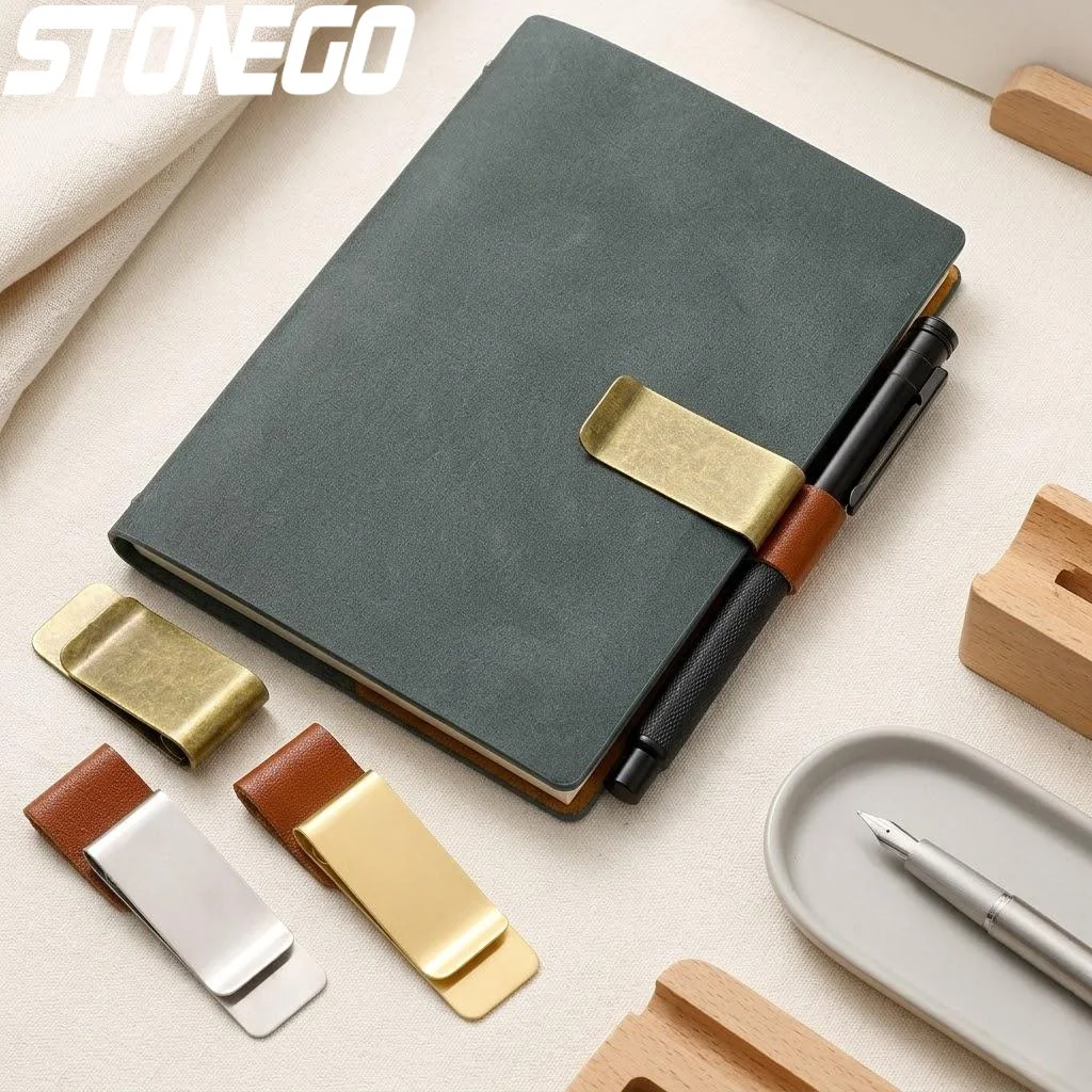Vintage Style PU Leather Pen Holder Clip Stainless Steel Loop Organizer Notebooks Office Supplies Binder Accessories