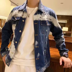 Hole Letter Label Printing Fashion New Men's Denim Slim Fit Bomber Jacket Mens Autumn Casual Hip Hop Denim Jacket Veste En Jean