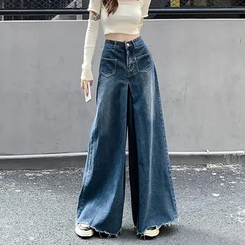 Woman High Waist Vintage Designer Wide Leg Jeans Female Gothic Loose Straight Leg Pants Girls Blue Light Blue Denim Trousers