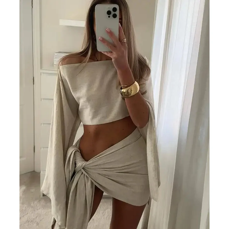 Beach Cover Ups Women Linen Long Pagoda Sleeve Crop Top 2 Piece Set One Piece Twisted Knot Mini Skirt Suit Summer Lady