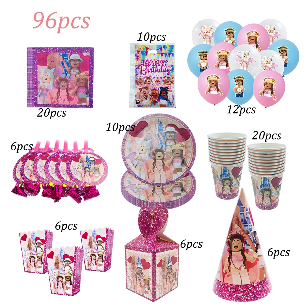 

Pink Robloxed Theme Birthday Party Decorations Tableware Set Balloons Cups Plates Banner Backdrop for Girls Baby Shower Supplies