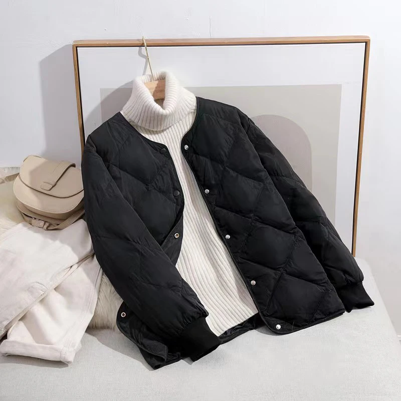 Autumn down jacket short top with round neck button long sleeved fashionable short jacket