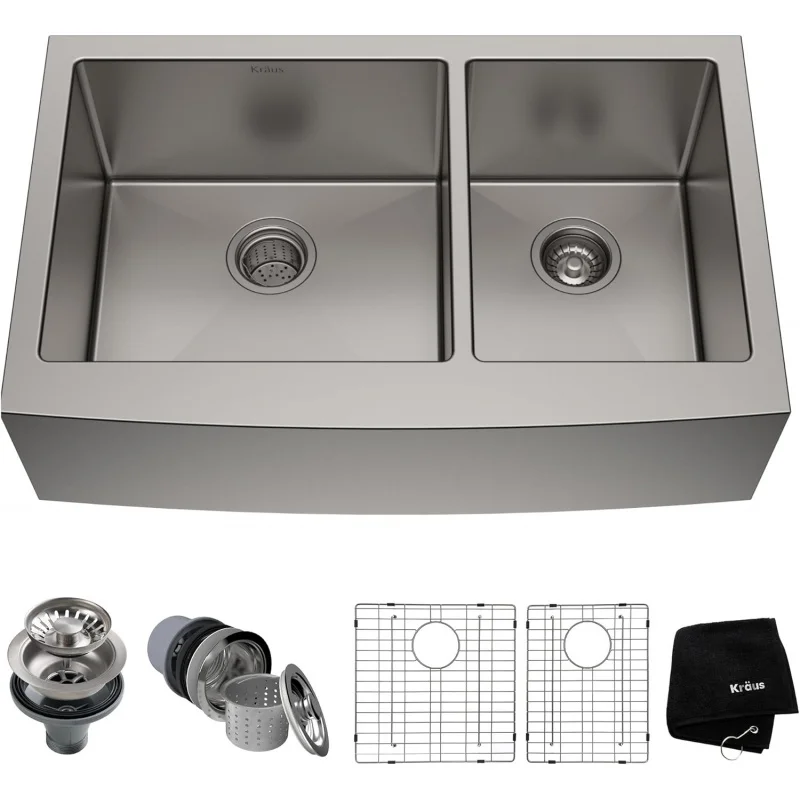 

Standart Pro 33-Inch Apron Front Farmhouse 16-Gauge 60/40 Double Bowl Stainless Steel Kitchen Sink, KHF203-33