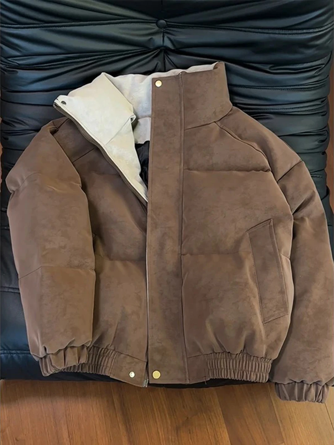 

Caramel Bread Sle Thiened Winter Jaet Men's High Collar Cotton PU Leather Coat Warm Casual Long Sve Zipper Closure