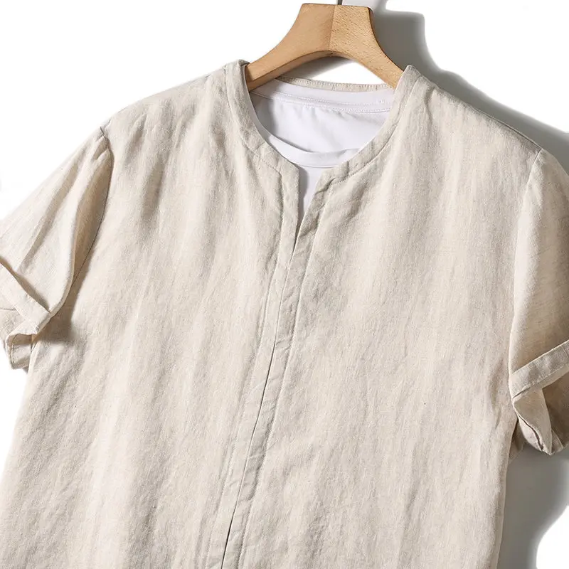 100% Linen Shirt Outdoor Leisure Business Pure Color Fashion Premium Ruffled Feeling Short-Sleeved Retro Men's Breathable Shirt