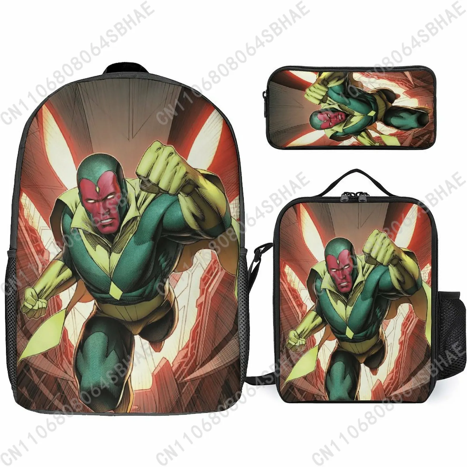 

Marvel Vision School Backpack For Teen Middle High School Students 3Pcs Bookbag Lunch Tote Bag Pencil Pouch Cosplay
