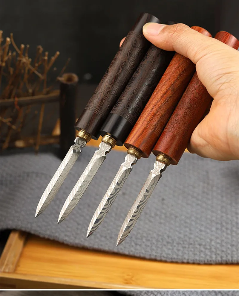 1Pcs Damascus Pattern Steel Tea Needle Carved ebony Pu\'er tea knife pattern steel black tea needle for tea ceremony spare parts