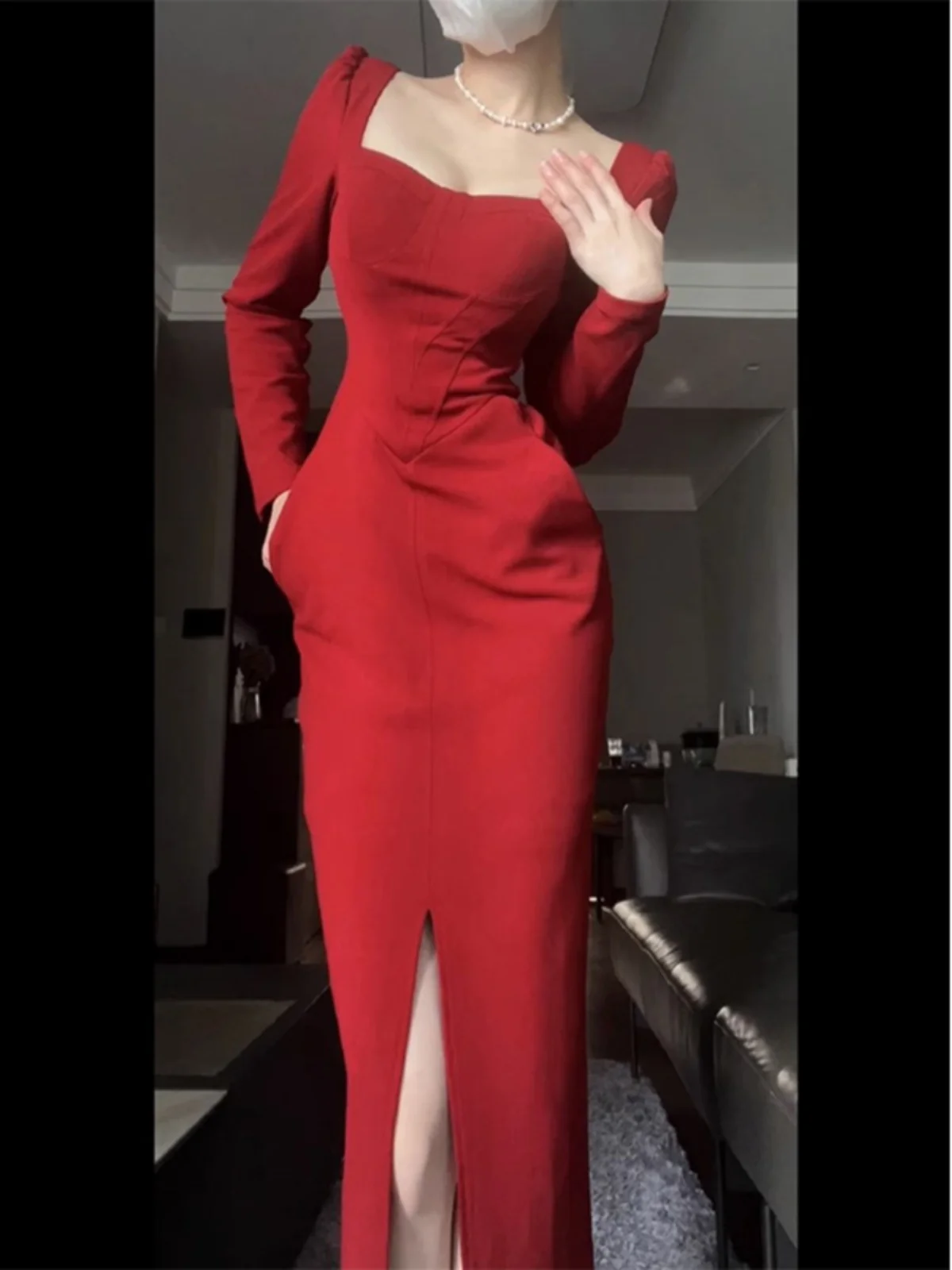 

Элегантное красное свадебное платье для женщин с высокой талией, юбкой А-силуэта, длинными рукавами и квадратным воротником, для церемонии, регистрации и возвращения домой