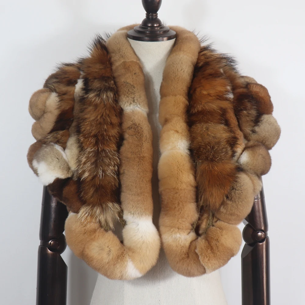 Neue warme, weiche Silberfuchs-Fellschals für Damen, Winter-Echt-Rex-Kaninchenfell-Schal, modischer Damen-Poncho aus 100% echtem Rex-Kaninchenfell. – Detail 2