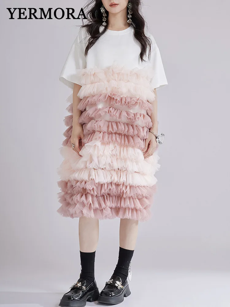 

YERMORA женское лоскутное сетчатое повседневное платье с круглым вырезом и коротким рукавом, свободное новое платье, модное платье, весна-лето 2025