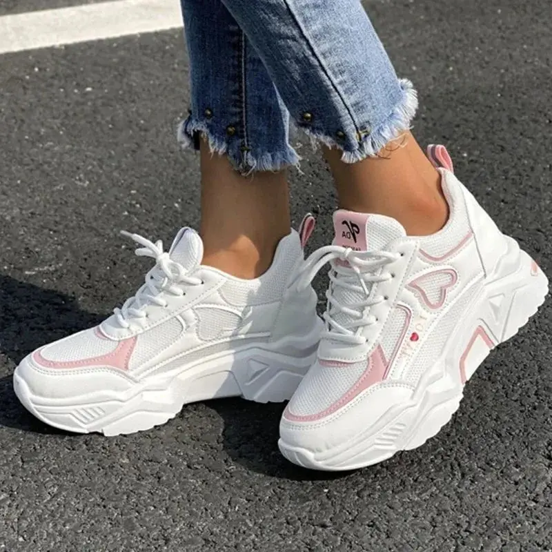 heart white pink platform sneakers Lace-up Front Wedge Sneakers Women Breath Thick Bottom Shoes Lace-Up Flat Leisure Shoes