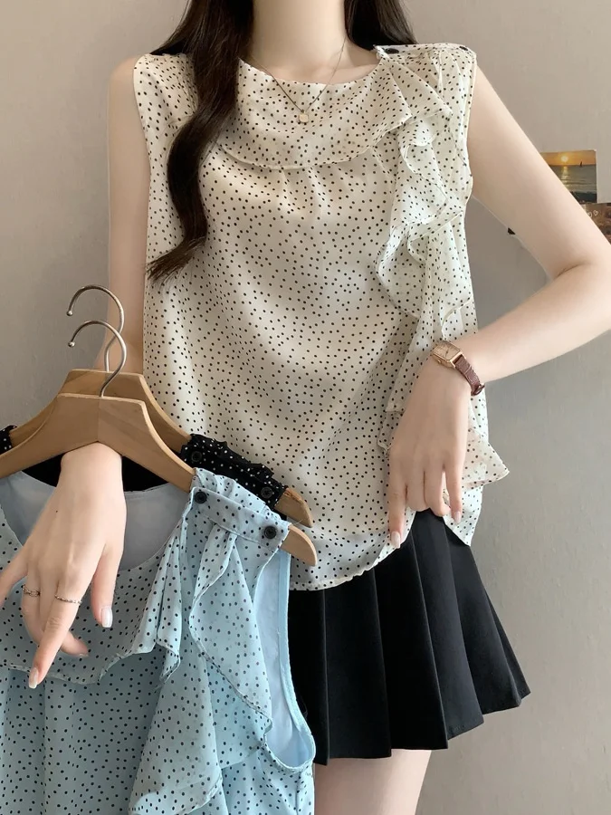 

plus Size Fashion Polka Dot Sleeveless Vest Summer New Style Slimming Versatile Design Leaf Top Women's Korean Style Com...