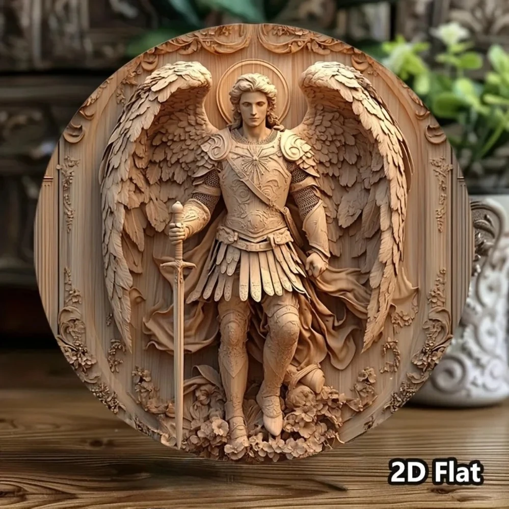 Letrero Metálico Vintage 2D con el Arcángel Miguel en Relieve, Detalle de Espada y Alas, Arte de Pared de Hierro de 8x8 Pulgadas con Orificios Preperforados, Regalo