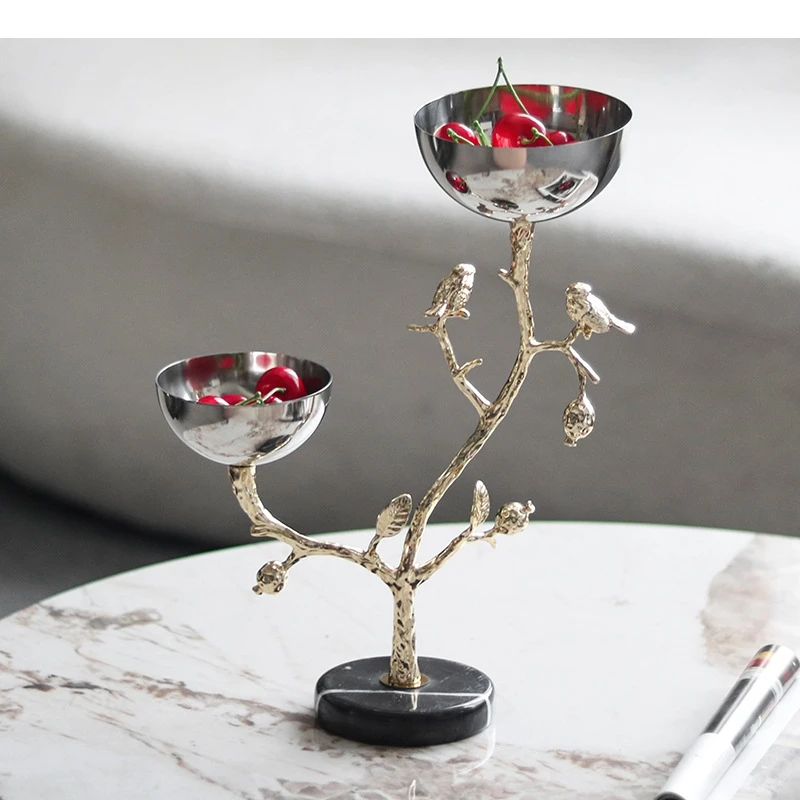 Metal Tray Metal Snack Bowl with Branches and Birds Fruit Platter Golden Bird Candy Plate Home Decoration Accessories