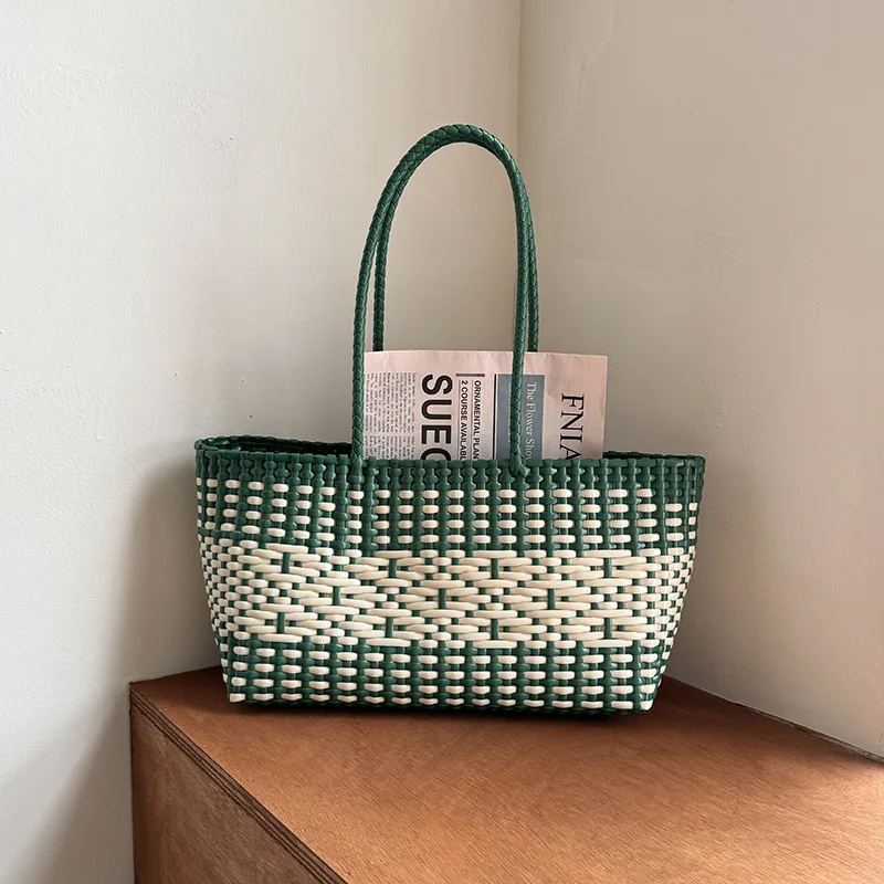

Plastic Woven Women's Handbag Handmade Bohemia Storage Basket Contrast Tote Bag Designer Summer Beach Bag Female Shoulder Bags