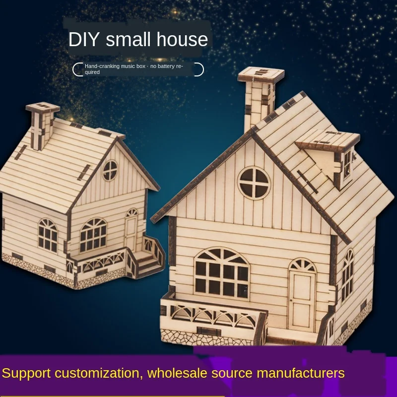 Caja de música modelo de ensamblaje de casa de madera, montaje creativo, caja de música con manivela, manualidades de regalo para niños P284