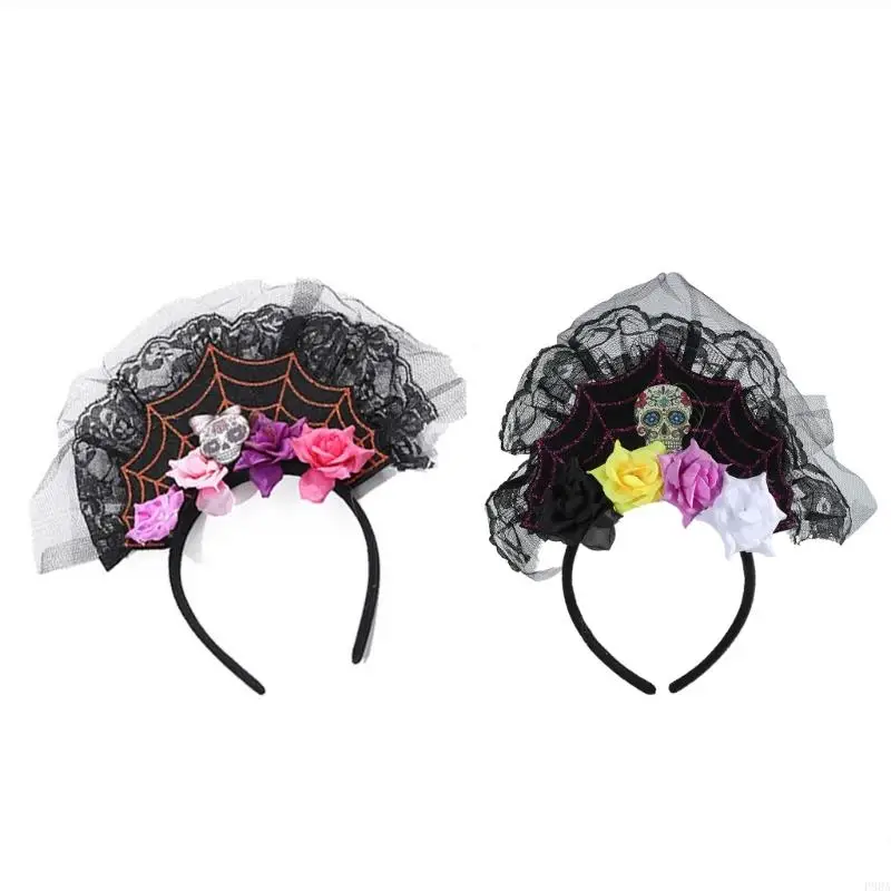 

P88A Adult Kids Day of The Dead Spiderweb Headband Artificial Flower Skull Halloween Hair Hoop Lace Mesh Cosplay Headpiece