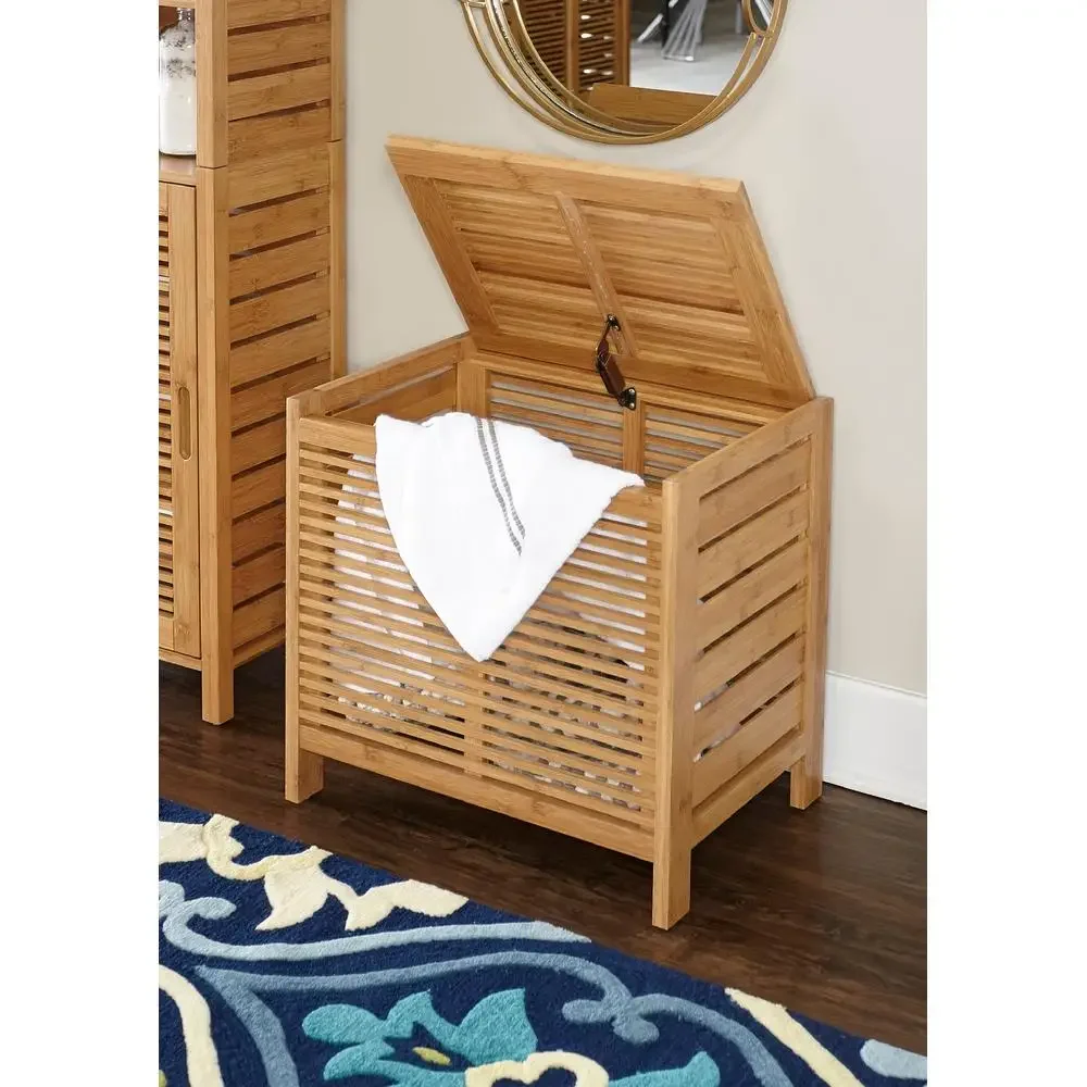 Harding Natural Bamboo Lift-Top Hamper Spacious Interior Safety Hinge Durable Laundry Basket Organizer Bathroom Off-White Color