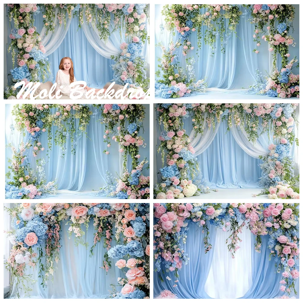 

Elegant Pink Blue Floral Background For Girls Wedding Photography Curtains Backdrop Maternity Baby Show Photo Studio Supplies
