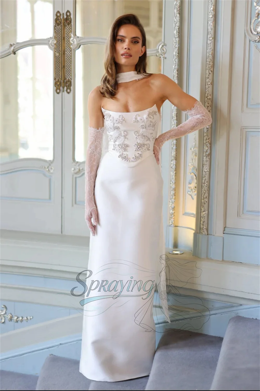 SPRAYING Luxury O-Neck Beaded Lace Applique Wedding Dresses With Lace Cape Gloves Straight Satin Long Bridal Gown Customized