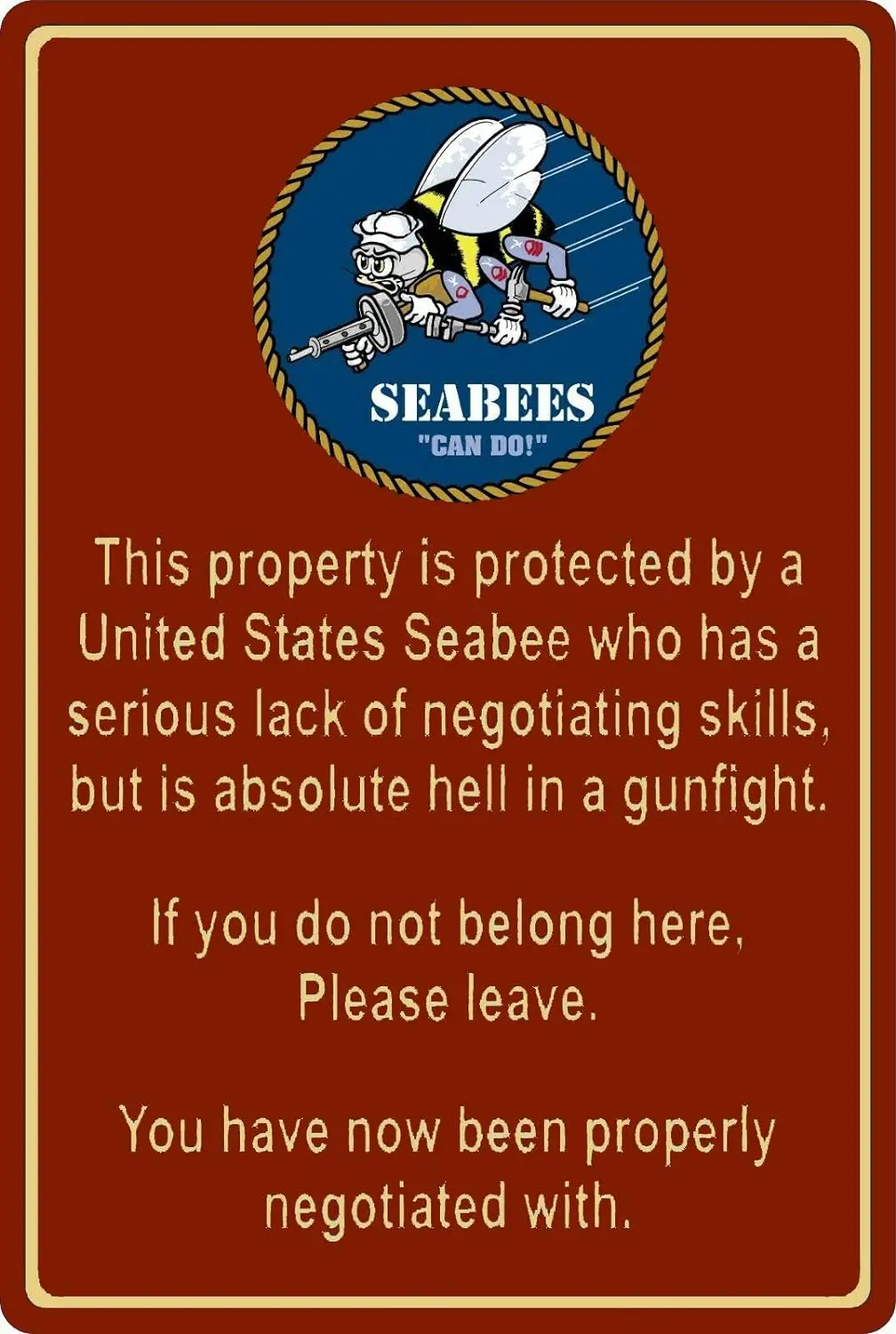 Lenrius Property Protected by Seabee Sailor US Navy Metal Tin Sign 8x12 Inch Home Kitchen Wall Decor