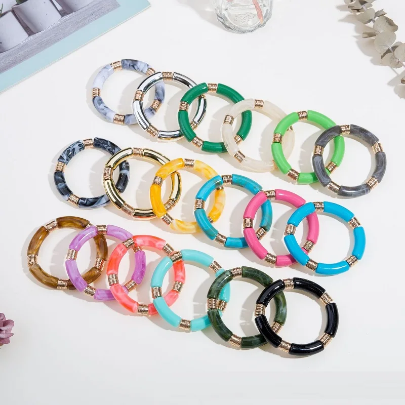 Round Tube Bracelet for Women Girls Simple Fashion Metal Gasket Elbow Bracelets Multicolor Elastic Adjustable Charm Bangle Gift