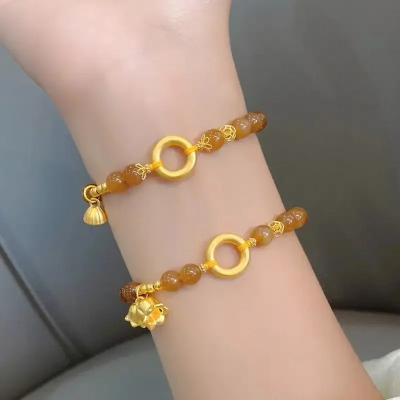 Cute Girl Natural Stone Round Bead HandString Safe Buckle Bracelet Women's Gold Color Lotus Canopy Lilies Charms for Girlfriend