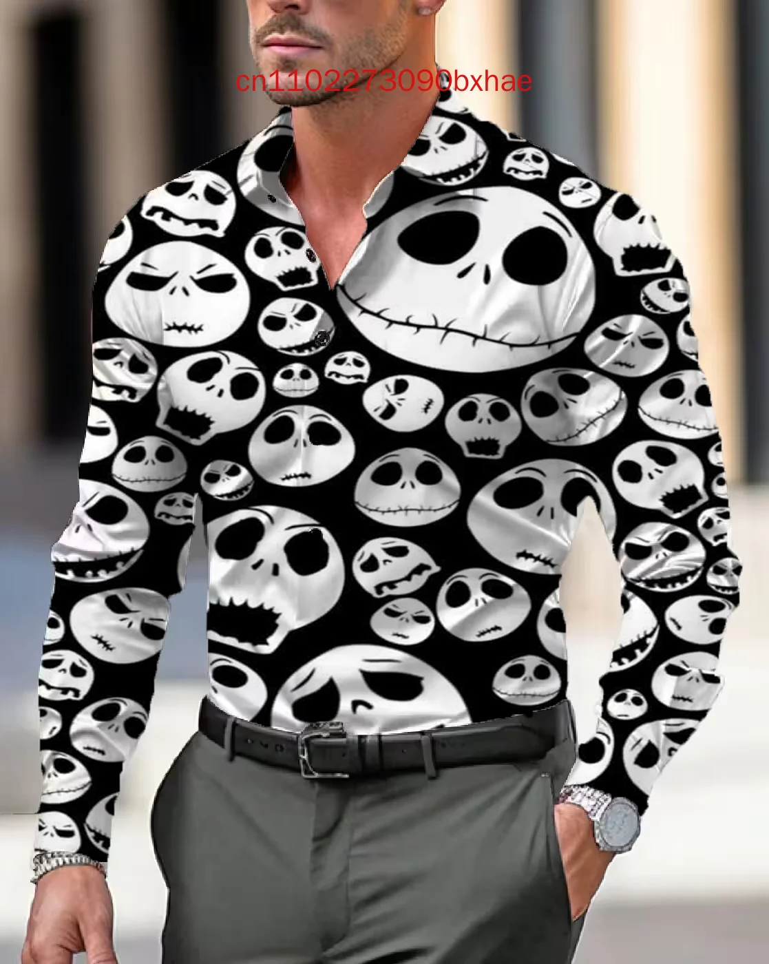 

The Nightmare Before Christmas Men's Shirt Autumn/Winter New Halloween Retro Street 3D Printed Men's Shirt Long Sleeve Button To