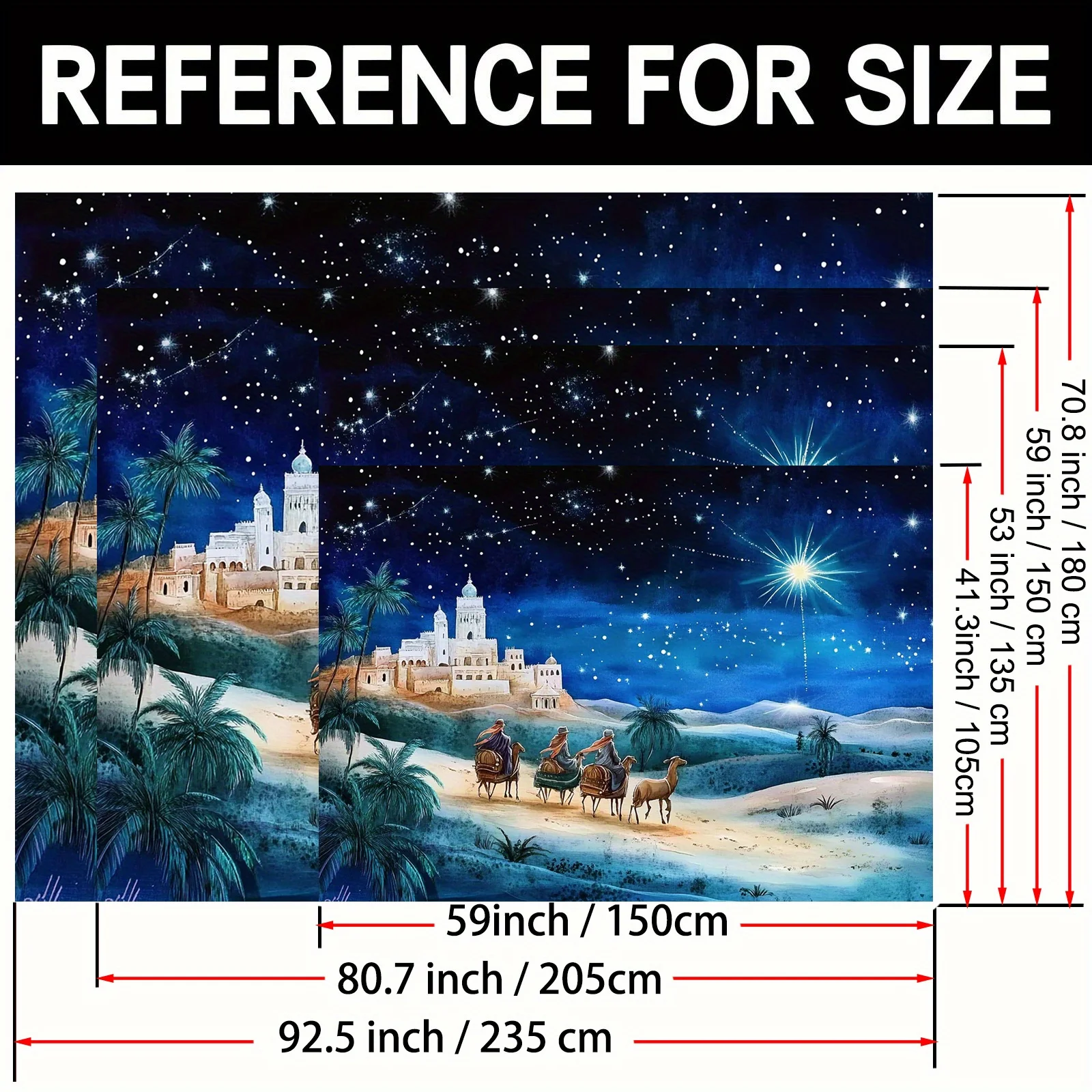 مسطح ثنائي الأبعاد، قطعة واحدة من لافتة مشهد المهد الكبيرة - منظر طبيعي صحراوي ليلي مرصع بالنجوم مع ثلاثة رجال حكماء، قافلة الجمل وكنيسة بيثليهيم