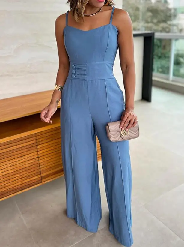 Jumpsuit Women 2025 Spring New Plain Spaghetti Strap Waist Buckle Jumpsuit Casual Back Shirred High Waist Wide Leg Romper