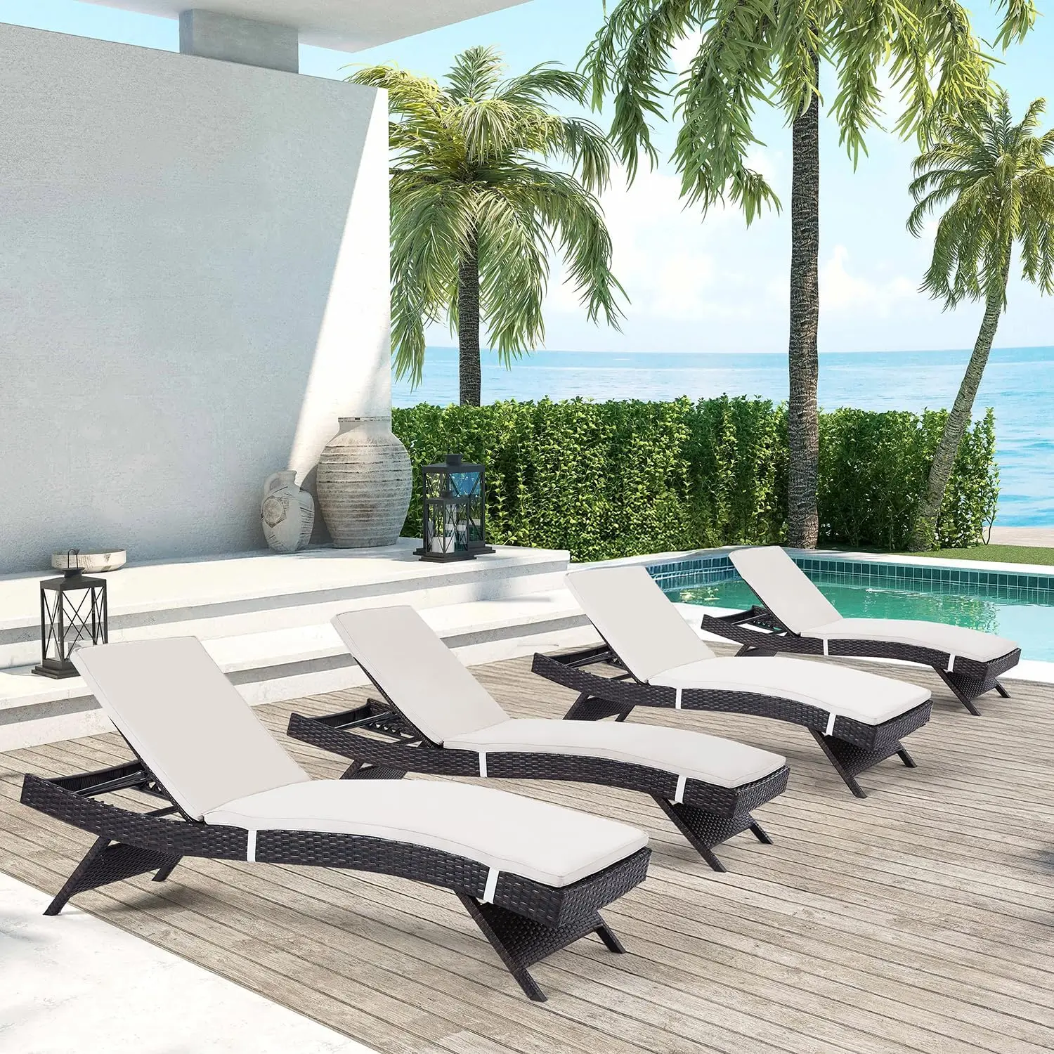 

Набор шезлонгов для патио из 4 предметов с регулируемой спинкой и съемной подушкой, стулья для открытого бассейна для патио, у бассейна