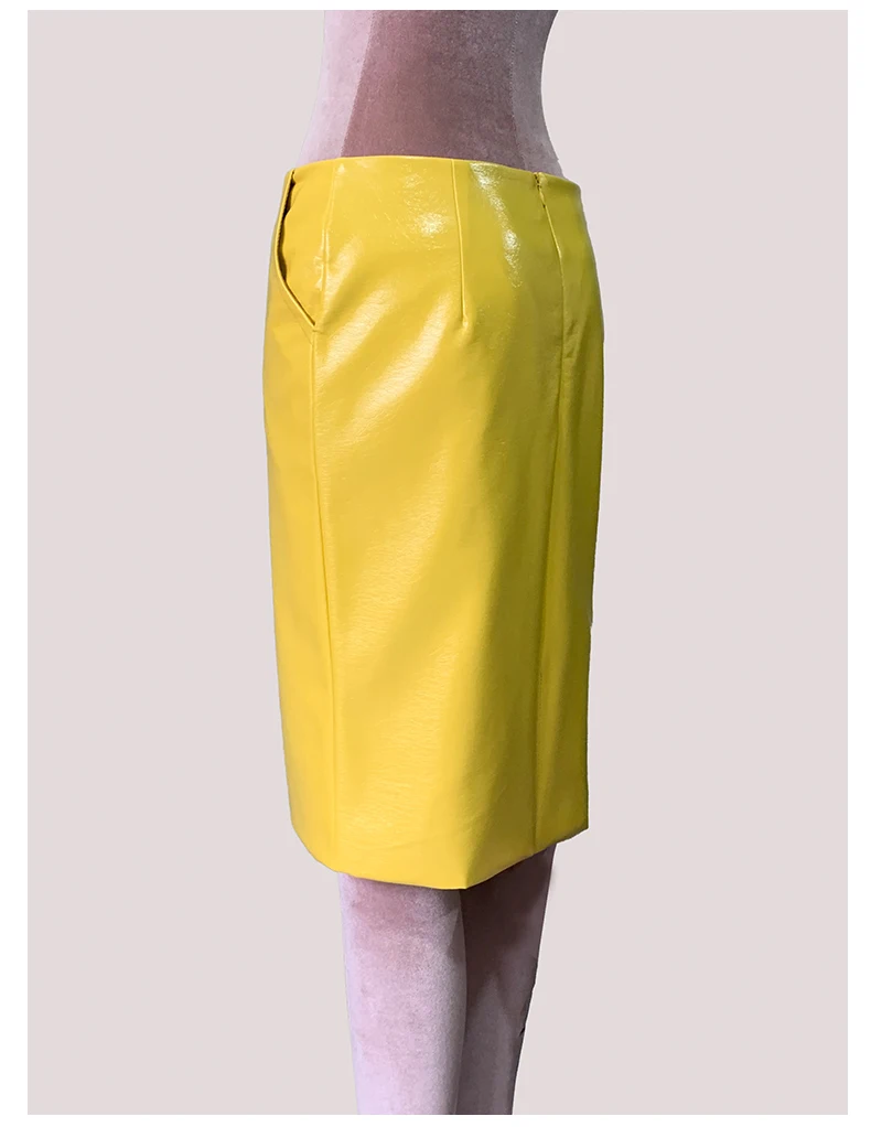 Mauroic Spring Summer Shiny Reflective Bright Yellow Faux Leather Pencil Skirt Women with Back Slit High Waist New Arrivals 2025
