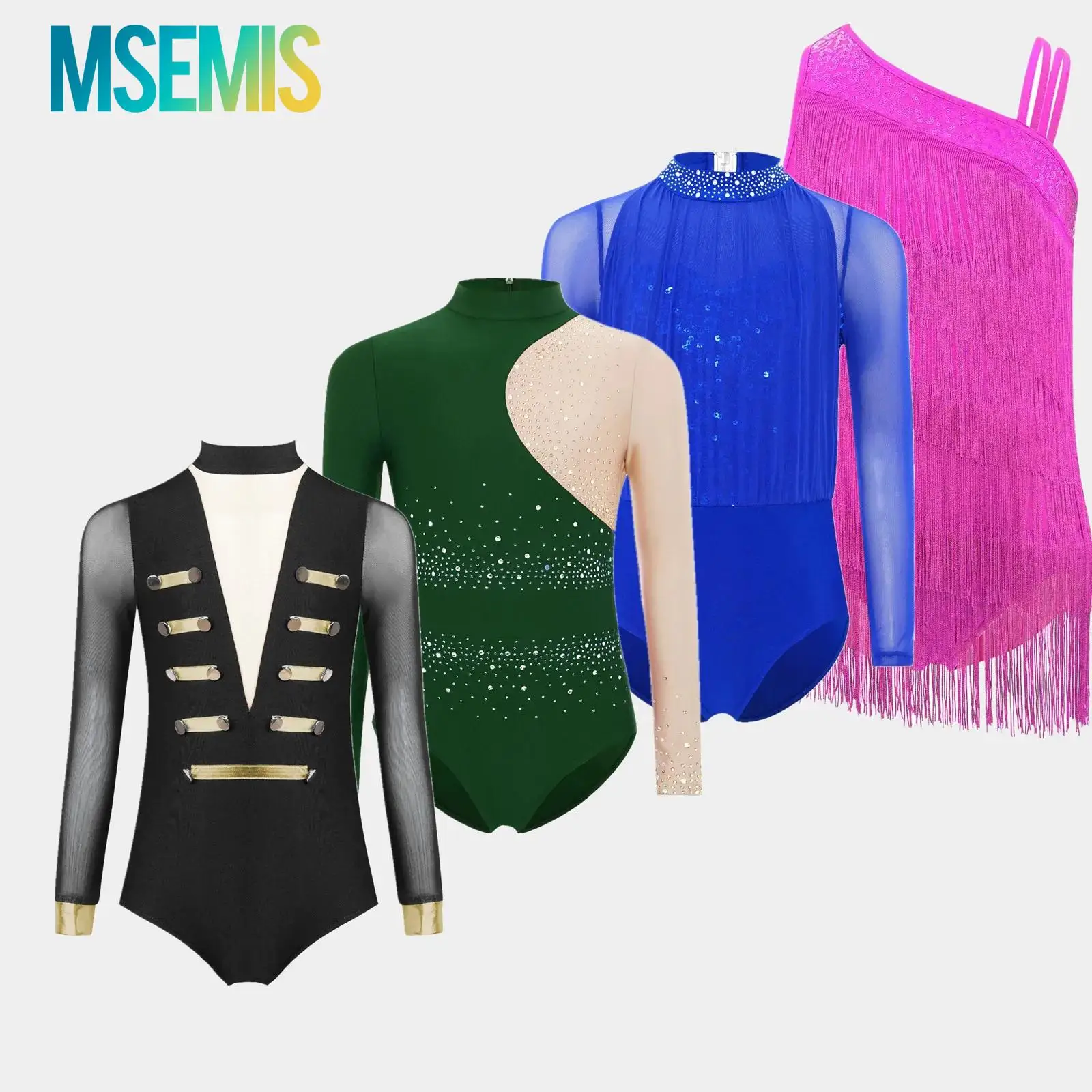 

Kids Girls Gymnastics Ballet Jersey Latin Dance Leotard Jumpsuit Sheer Mesh Metallic Stripe Buttons Bodysuit Performance Costume