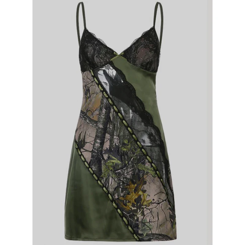 French sexy green backless printed lace patchwork with thin shoulder straps, medium length dress without sleeves