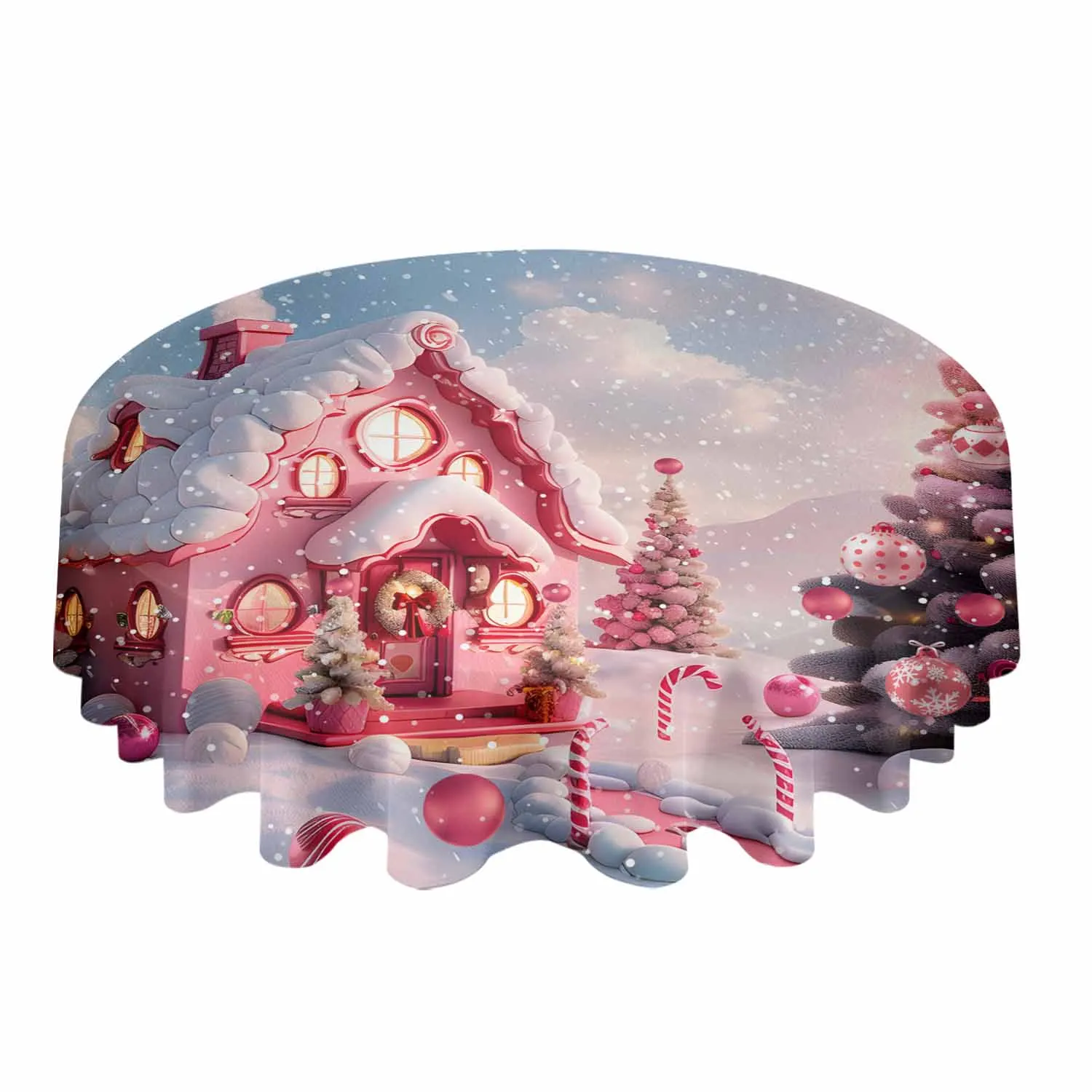 Christmas Candy House Snow View Countryside Waterproof Tablecloth Table Decoration Wedding Home Kitchen Dining Room Round Table