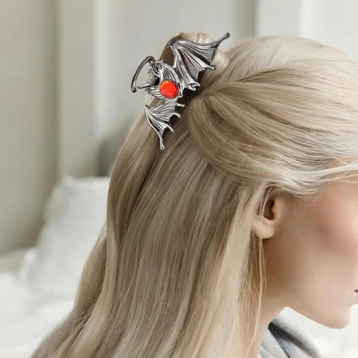 Metal Sliver Bat Hair Grab Clip Ruby Inlaid Hairpin Halloween DIY Decorations Shark Clip Headdress Hair Claw Halloween Gifts New view 3