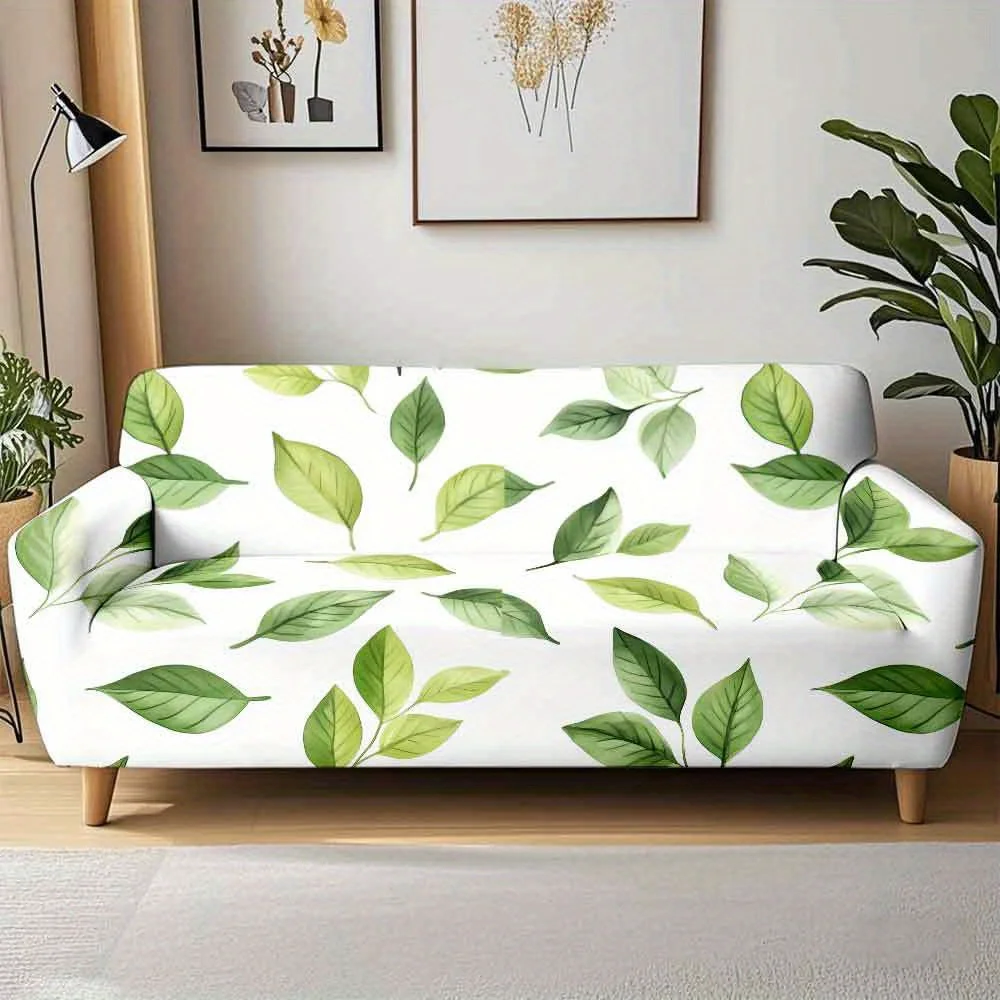 1pc Fresh Green Leaves Print Stretch Sofa Cover, Watercolor Botanical Couch Slipcover for Boho Home Decor