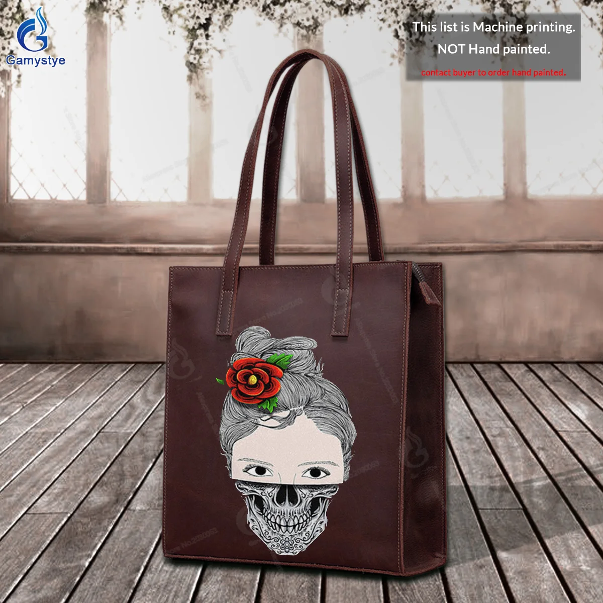 Art Print Customize Totes Skull girl with flower For women Handbag Designer Shoulder Bag Real Cowskin Leather Gold Lock Hardware