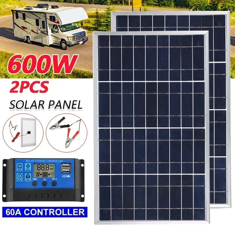 600W/300W Solarpanel-Set, komplett, 12V, polykristalline USB-Stromversorgung, tragbarer, wiederaufladbarer Solarzellen-Solargenerator für den Außenbereich