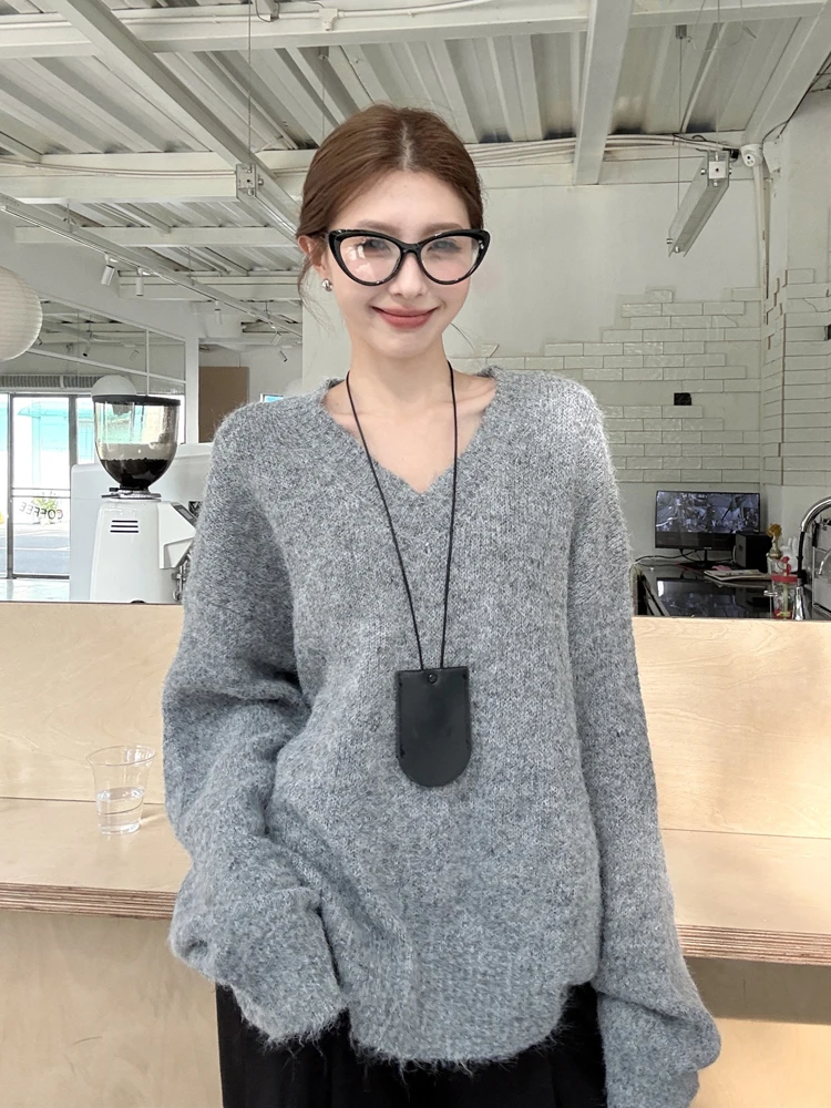 Suéter de Punto ueso y Largo con Cuello en V para Mujer, Hoado, Cómodo, Suave, Informal, de Moda para Otoño e Invierno