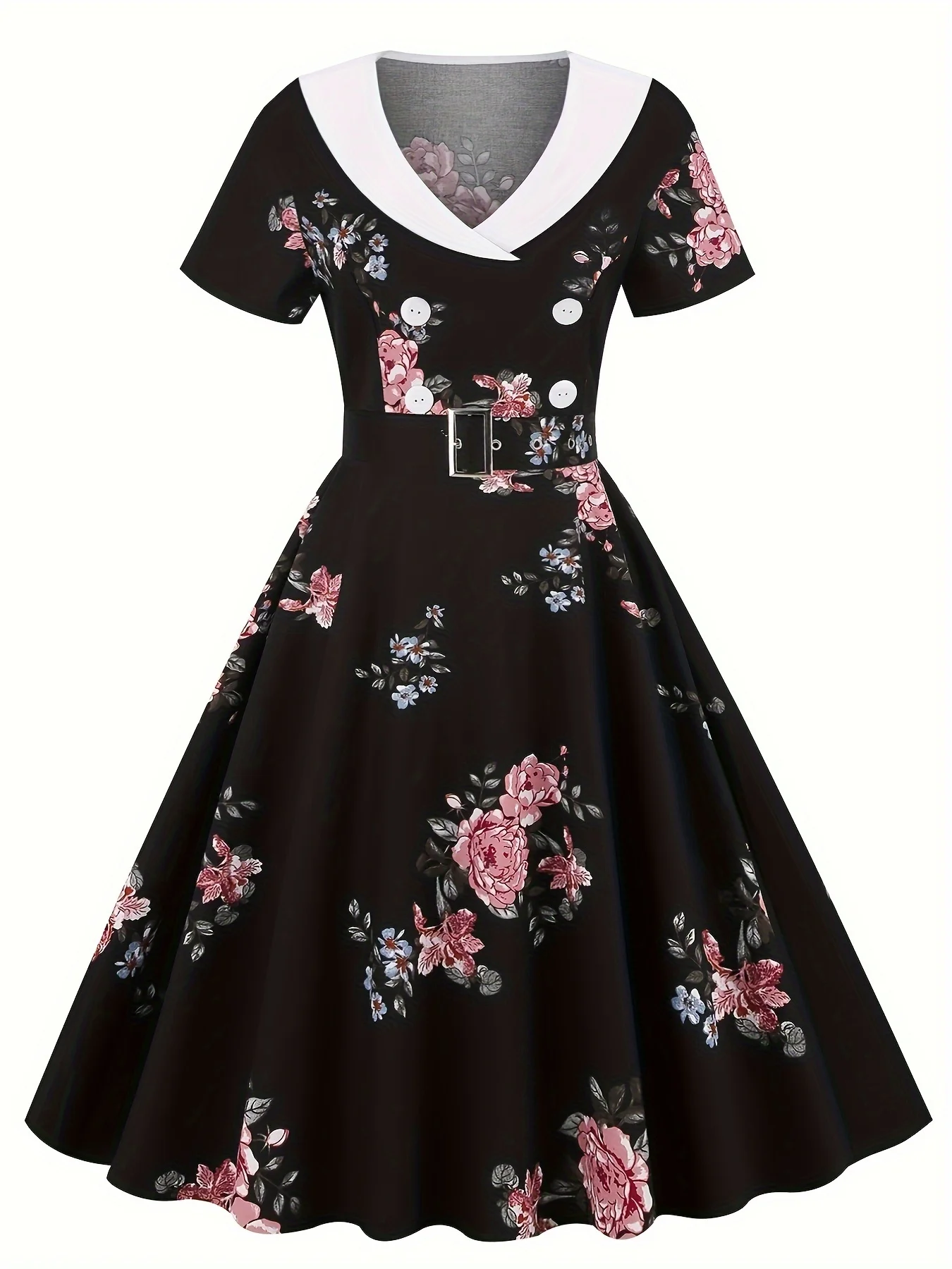 Print 50S-Inspired Floral Cocktail Dress with Belt - Cotton Blend, Machine Washable, Perfect for All Seasons