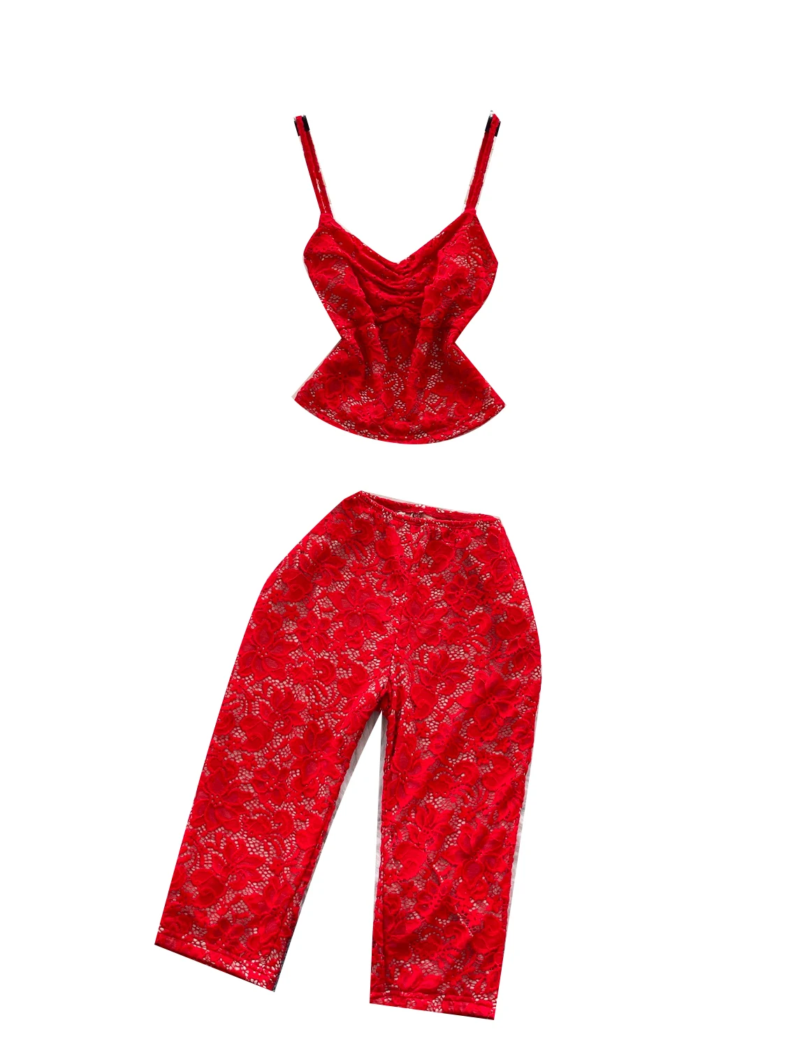 Ele Lace High Waist ort Pants Women's Summer Set Strapl Crop Top plus Long Sve V-Ne Two-Piece Faionable Outfit