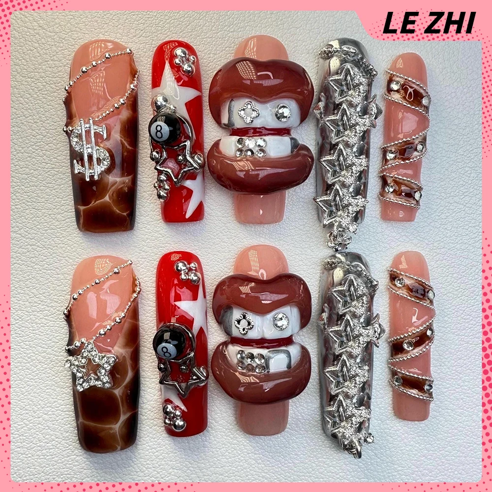 Европа Америка Y2K Spice Girl Длинная квадратная форма Ручная работа Пресс на ногтях Вода Бризли Губы Зубы Алмазный бант Цветы Накладные ногти