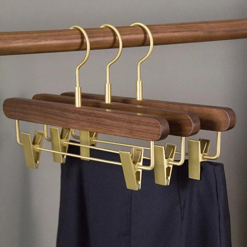 

Premium Solid Wood Pants Hanger – Home & Hotel Use, Walnut Wood, Non-Slip, Multi-Function, Full Copper Hardware, No-Mark Clips
