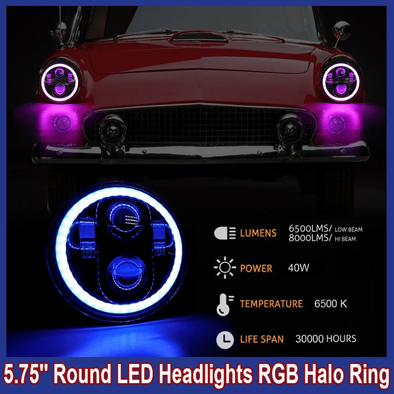 

5.75'' Car LED Headlight Universal Car RGB Halo Ring Angel Eye Driving Light Black APP Control Light Car Replacement Accessories