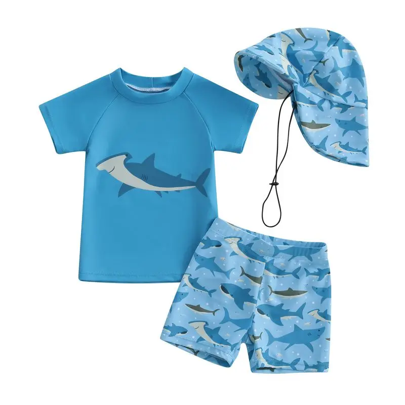 3PCS Toddler Boys Summer Swimsuit Bathing Suit Short Sleeve Shark/Duck Print Short Sleeve Tops with Shorts and Swim Hat Set